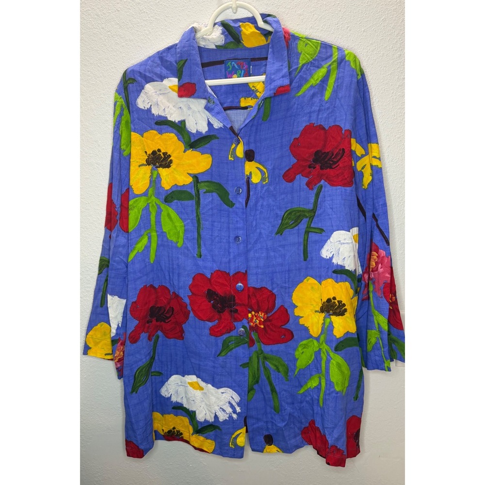 Jams World Floral Button Front Shirt Womens XL Blue Art To Wear Hawaii Rayon Top